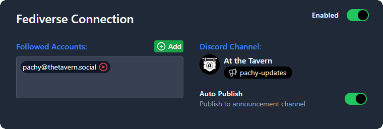 Screenshot of Pachy Fediverse Connection settings showing the connection between the followed account and Discord