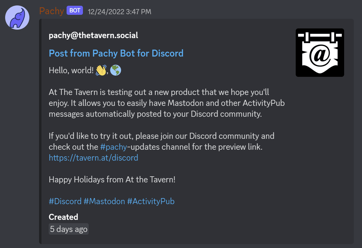 Screenshot of Pachy posting a "Hello world" Mastodon message to a Discord channel.